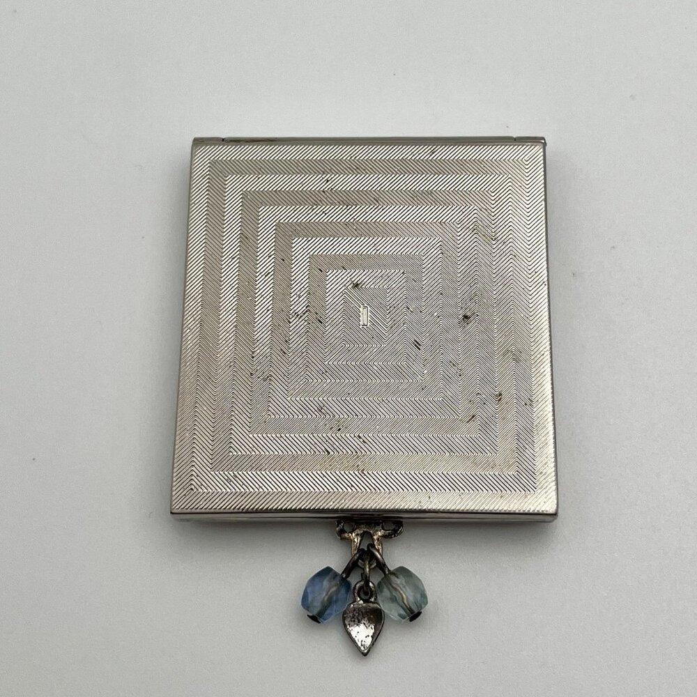 Vintage 70s Enamel Green Butterfly Compact Mirror Art Nouveau Boho Bead Charm - Picture 3 of 6